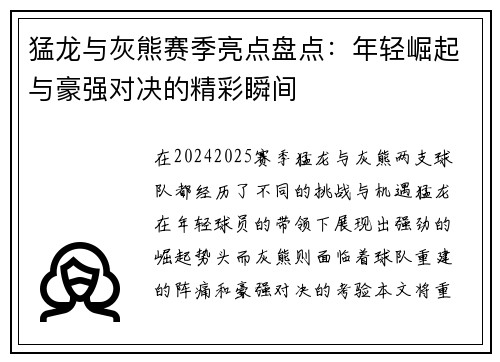猛龙与灰熊赛季亮点盘点：年轻崛起与豪强对决的精彩瞬间