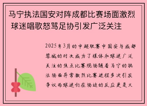 马宁执法国安对阵成都比赛场面激烈 球迷唱歌怒骂足协引发广泛关注