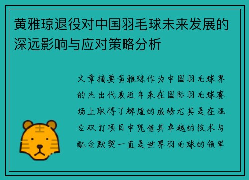 黄雅琼退役对中国羽毛球未来发展的深远影响与应对策略分析